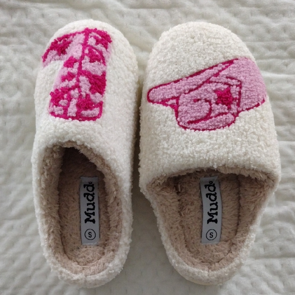 Mudd Cream Plush Kids' Slippers with Pink Embroidered Details